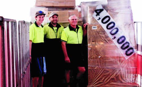 Doug Macbeth, Wayne Macbeth and Brent Lenehan send off the 4 millionth pallet. Doug Macbeth, Wayne Macbeth and Brent Lenehan send off the 4 millionth pallet.